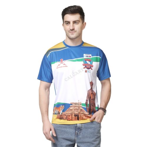 Army Marathon promotional t shirt made with two-way lycra fabric featuring sublimation print design, worn by male model for event and marathon use