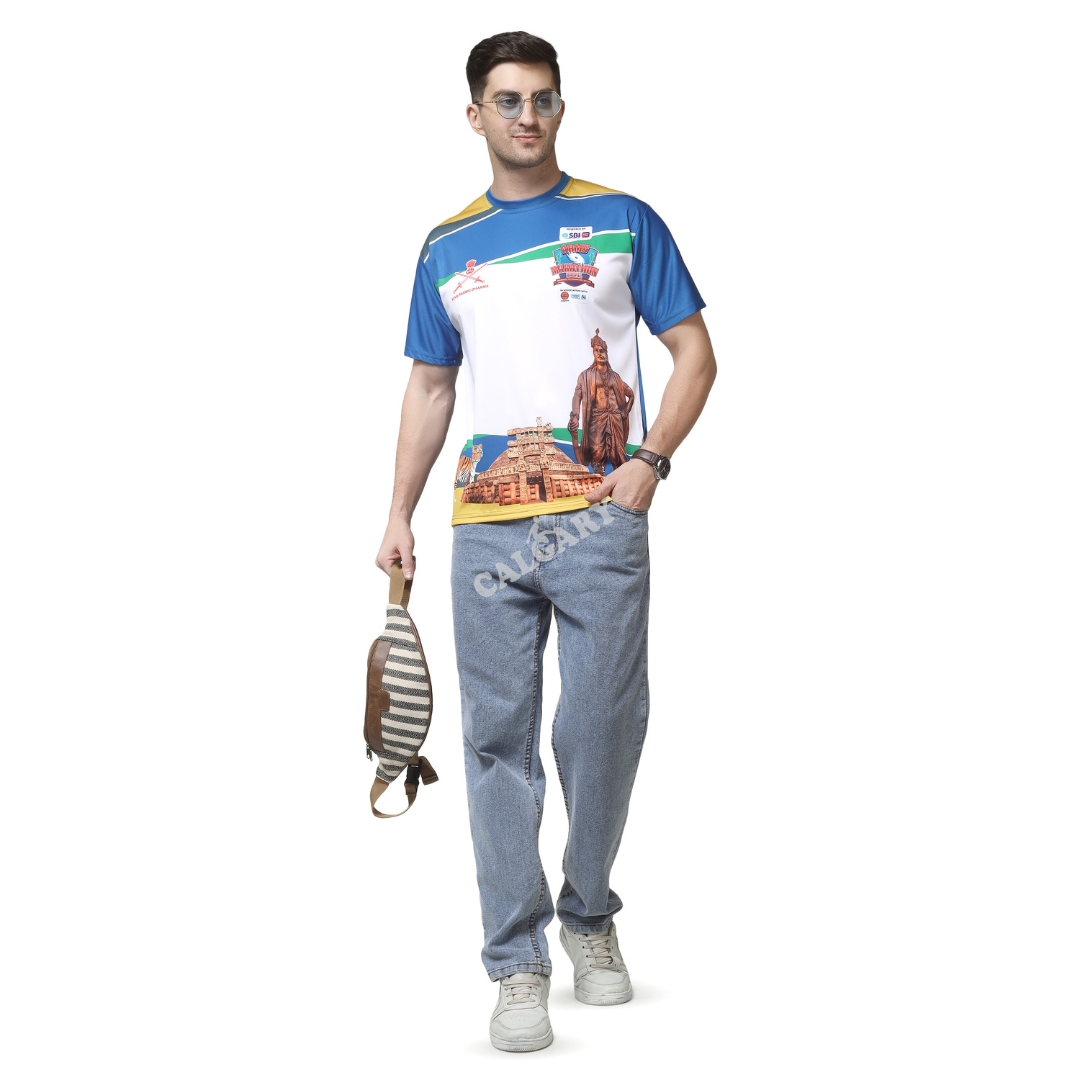 Army Marathon promotional t shirt made with two-way lycra fabric featuring sublimation print design, worn by male model for event and marathon use