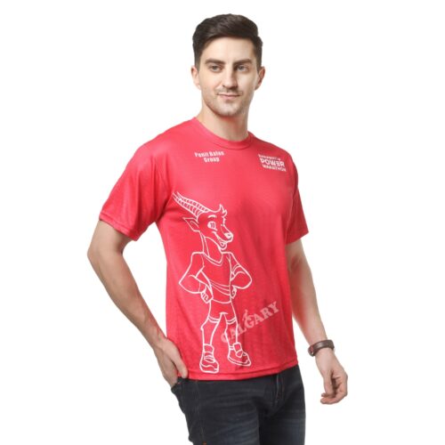 Baramati Power Marathon promotional t shirt in red made with dri-fit fabric featuring event branding, worn by male model for marathon and promotional use