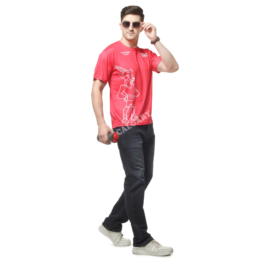 Baramati Power Marathon promotional t shirt in red made with dri-fit fabric featuring event branding, worn by male model for marathon and promotional use