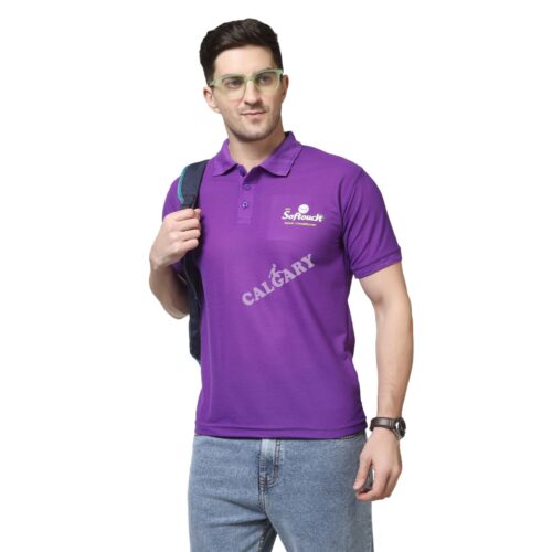 Purple corporate polo t shirt made with matty fabric featuring company logo branding, worn by male model, suitable for office uniforms and promotional use