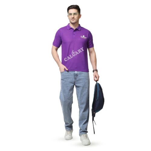 Purple corporate polo t shirt made with matty fabric featuring company logo branding, worn by male model, suitable for office uniforms and promotional use