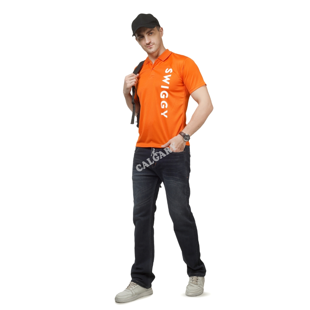 Orange corporate polo t shirt made with micro dri-fit fabric featuring vertical logo branding, worn by male model, ideal for corporate uniforms and promotional events