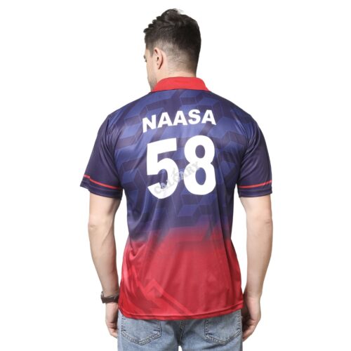 Custom sports polo t shirt made with micro dri-fit fabric featuring Nepal team and sponsor branding, worn by male model, ideal for team uniforms and sports events