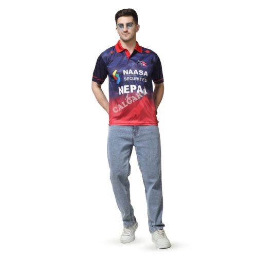 Custom sports polo t shirt made with micro dri-fit fabric featuring Nepal team and sponsor branding, worn by male model, ideal for team uniforms and sports events