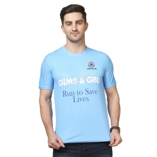 Light blue marathon t shirt made with micro dri-fit box knit fabric featuring event branding print, worn by male model, ideal for running events and sports activities