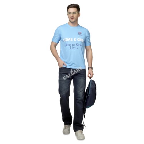 Light blue marathon t shirt made with micro dri-fit box knit fabric featuring event branding print, worn by male model, ideal for running events and sports activities