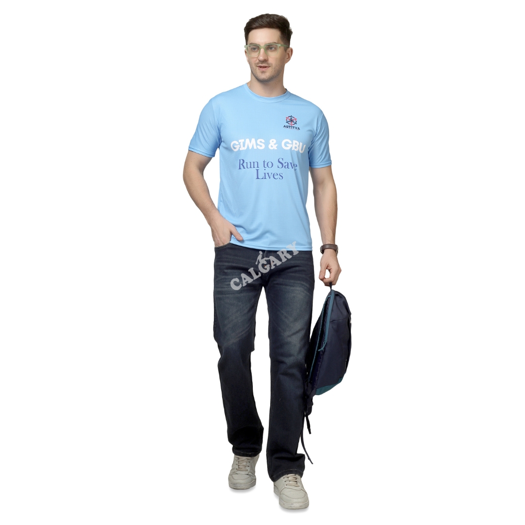 Light blue marathon t shirt made with micro dri-fit box knit fabric featuring event branding print, worn by male model, ideal for running events and sports activities