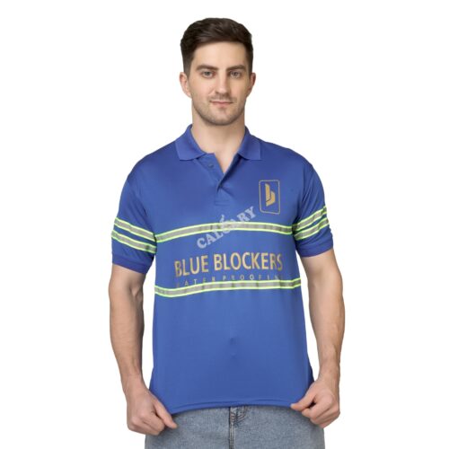 Blue promotional polo t shirt made with micro dot knit fabric featuring reflective stripes and custom logo branding, worn by male model, ideal for corporate promotions and uniforms