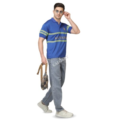 Blue promotional polo t shirt made with micro dot knit fabric featuring reflective stripes and custom logo branding, worn by male model, ideal for corporate promotions and uniforms