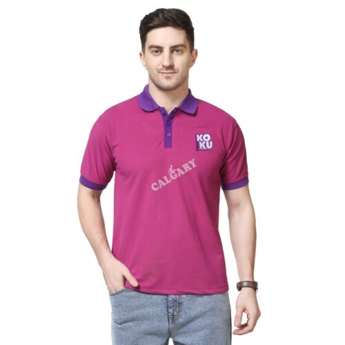 Promotional polo t shirt in pink made with PC Matty 240 GSM bio-wash fabric featuring custom logo branding, worn by male model, suitable for corporate promotions and staff uniforms