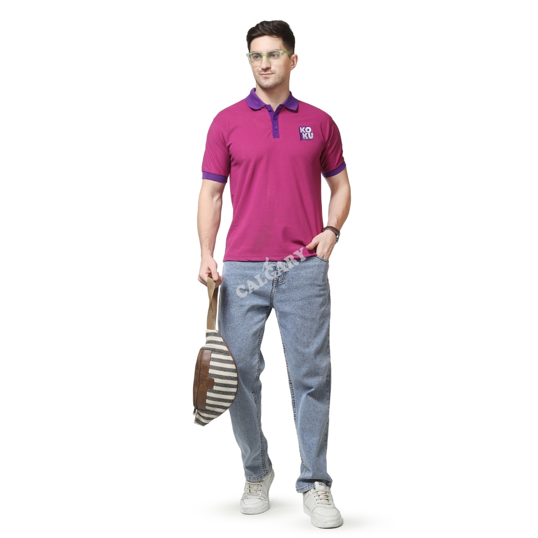 Promotional polo t shirt in pink made with PC Matty 240 GSM bio-wash fabric featuring custom logo branding, worn by male model, suitable for corporate promotions and staff uniforms
