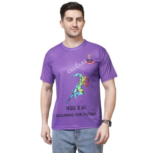 Man wearing a purple NSG X AI Securing the Future marathon tshirt made of Micro Dri-fit fabric.