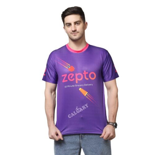 A man wearing a purple Micro Dri-fit corporate t-shirt for Zepto, featuring the logo and "10 Minute Grocery Delivery" text, manufactured by a leading corporate t shirt manufacturer