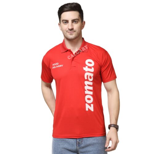 Zomato corporate polo t shirt in red color made with dri-fit base fabric, featuring logo branding, worn by male model for delivery uniform and corporate wear