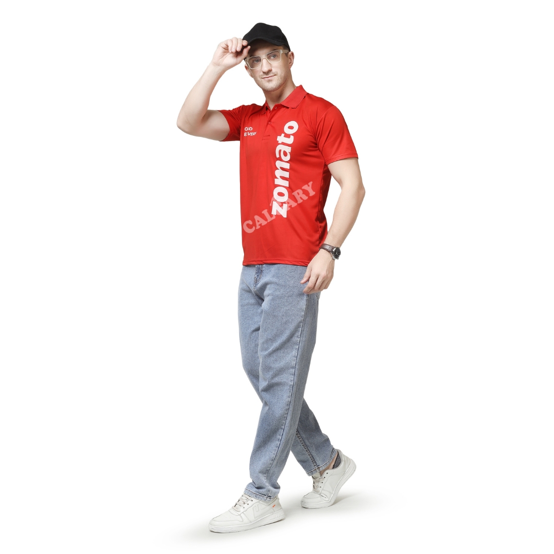 Zomato corporate polo t shirt in red color made with dri-fit base fabric, featuring logo branding, worn by male model for delivery uniform and corporate wear