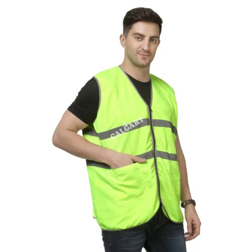 High visibility safety jacket in neon green with reflective strips, made of lightweight polyester mesh fabric, worn by male model, suitable for construction and industrial safety use