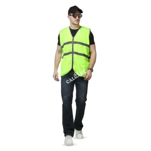 High visibility safety jacket in neon green with reflective strips, made of lightweight polyester mesh fabric, worn by male model, suitable for construction and industrial safety use