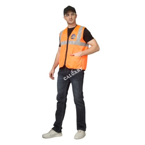 Man wearing an orange high visibility safety jacket with reflective strips, made from lightweight polyester mesh fabric, featuring zipper closure and front pockets for industrial safety use